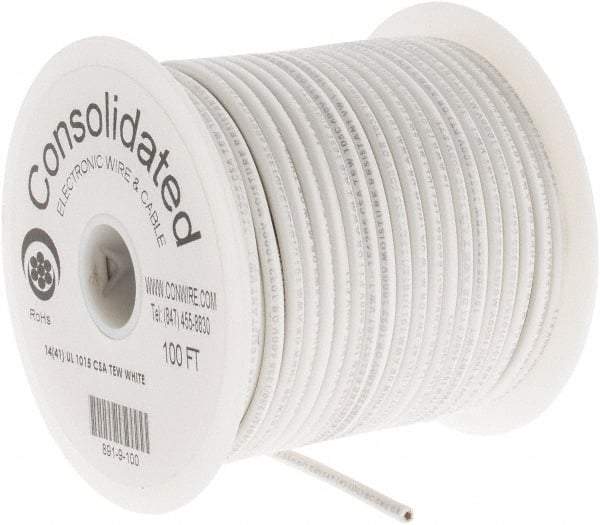 Made in USA - 14 AWG, 41 Strand, 100' OAL, Tinned Copper Hook Up Wire - White PVC Jacket, 0.136" Diam - Exact Tool & Supply