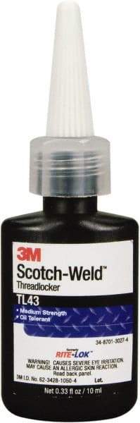 3M - 10 mL, Purple, Medium Strength Liquid Threadlocker - Series TL43, 24 Hour Full Cure Time, Hand Tool Removal - Exact Tool & Supply