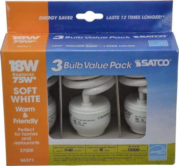 Value Collection - 18 Watt Fluorescent Residential/Office Medium Screw Lamp - 2,700°K Color Temp, 1,200 Lumens, T2, 12,000 hr Avg Life - Exact Tool & Supply