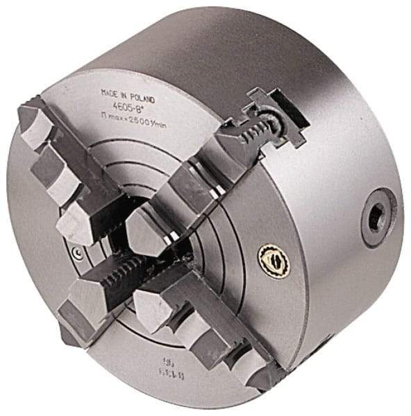 Bison - 4 Jaws, 10" Diam, Combination Independent & Self Centering Manual Lathe Chuck - Plain Back Mount Spindle, Reversible, 1,800 Max RPM, 2.99" Through Hole Diam, Cast Iron - Exact Tool & Supply