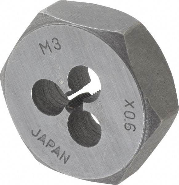 Interstate - M3x0.60 Metric Special Thread, 19/32" Hex, Right Hand Thread, Hex Rethreading Die - Carbon Steel, 1/4" Thick - Exact Tool & Supply