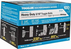 Toggler - 3/16" Screw, 6-1/4" Long, 3/8 to 3-5/8" Thick, Toggle Bolt Drywall & Hollow Wall Anchor - 3/16 - 24" Thread, 1/2" Drill, Zinc Plated, Steel, Grade 1010, Use in Drywall - Exact Tool & Supply
