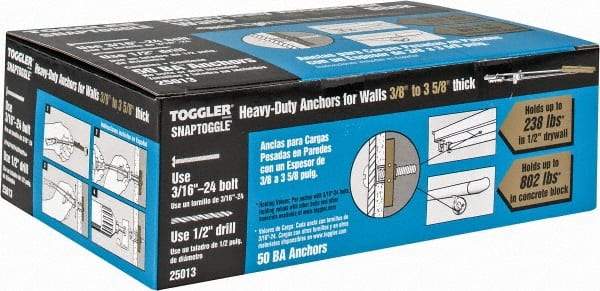 Toggler - 3/16" Screw, 6-1/4" Long, 3/8 to 3-5/8" Thick, Toggle Bolt Drywall & Hollow Wall Anchor - 3/16 - 24" Thread, 1/2" Drill, Zinc Plated, Steel, Grade 1010, Use in Drywall - Exact Tool & Supply