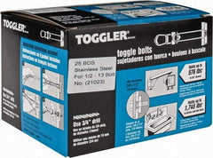 Toggler - 1/2" Screw, 6" Long, 3/8 to 2-1/2" Thick, Toggle Bolt Drywall & Hollow Wall Anchor - 1/2 - 13" Thread, 3/4" Drill, Uncoated, Stainless Steel, Grade 304, Use in Drywall - Exact Tool & Supply