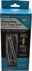 Toggler - 3/16" Screw, 6-1/4" Long, 3/8 to 3-5/8" Thick, Toggle Bolt Drywall & Hollow Wall Anchor - 3/16 - 24" Thread, 1/2" Drill, Zinc Plated, Steel, Grade 1010, Use in Drywall - Exact Tool & Supply