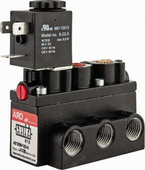 ARO/Ingersoll-Rand - 1/4" Inlet x 1/4" Outlet, Solenoid Actuator, Spring Return, 2 Position, Body Ported Solenoid Air Valve - 120 VAC Input, 54 CFM, 1.5 CV, 4 Way, 150 psi, 2-15/16" Long x 1-15/16" Wide x 1-15/16" High, 0 to 180°F - Exact Tool & Supply