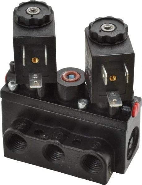 ARO/Ingersoll-Rand - 1/4" Inlet x 1/4" Outlet, Solenoid Actuator, Solenoid Return, 3 Position, Body Ported Solenoid Air Valve - 120 VAC Input, 32 CFM, 0.9 CV, 4 Way, 150 psi, 2-15/16" Long x 1-15/16" Wide x 1-13/16" High, 0 to 180°F - Exact Tool & Supply