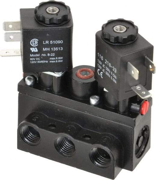 ARO/Ingersoll-Rand - 1/4" Inlet x 1/4" Outlet, Solenoid Actuator, Solenoid Return, 3 Position, Body Ported Solenoid Air Valve - 120 VAC Input, 32 CFM, 0.9 CV, 4 Way, 150 psi, 2-15/16" Long x 1-15/16" Wide x 1-13/16" High, 0 to 180°F - Exact Tool & Supply