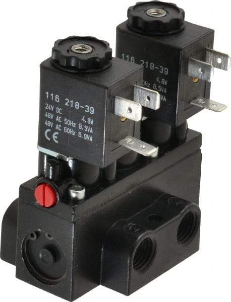ARO/Ingersoll-Rand - 1/4" Inlet x 1/4" Outlet, Solenoid Actuator, Solenoid Return, 3 Position, Body Ported Solenoid Air Valve - 24 VDC Input, 32 CFM, 0.9 CV, 4 Way, 150 psi, 2-15/16" Long x 1-15/16" Wide x 1-13/16" High, 0 to 180°F - Exact Tool & Supply