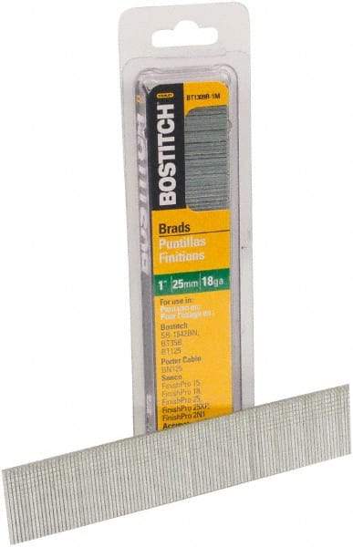 Stanley Bostitch - 18 Gauge 0.05" Shank Diam 1" Long Brad Nails for Power Nailers - Steel, Bright Finish, Ring Shank, Straight Stick Adhesive Collation, Brad Head, Chisel Point - Exact Tool & Supply