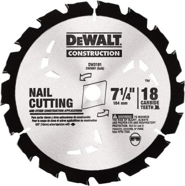 DeWALT - 7-1/4" Diam, 18 Tooth Wet & Dry Cut Saw Blade - Carbide-Tipped, Standard Round Arbor - Exact Tool & Supply