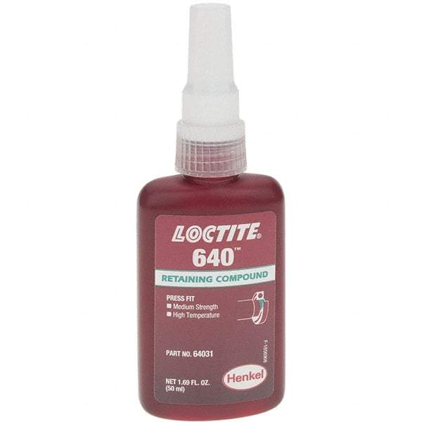 Loctite - 50 mL Bottle, Green, High Strength Liquid Retaining Compound - Series 640, 24 hr Full Cure Time - Exact Tool & Supply