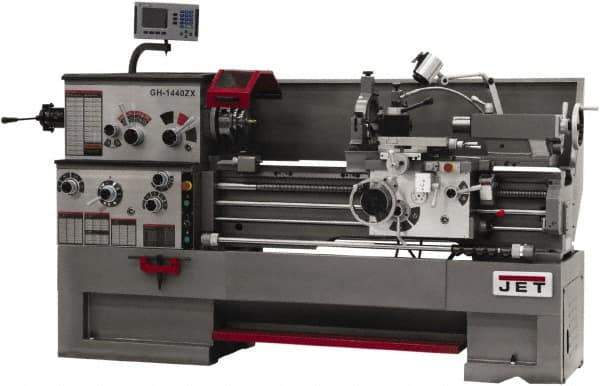 Jet - 14" Swing, 40" Between Centers, 230 Volt, Triple Phase Engine Lathe - 7MT Taper, 7-1/2 hp, 42 to 1,800 RPM, 3-1/8" Bore Diam, 40" Deep x 47" High x 97-1/2" Long - Exact Tool & Supply