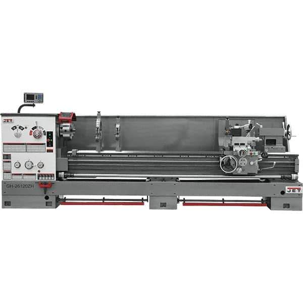 Jet - 26" Swing, 120" Between Centers, 230 Volt, Triple Phase Engine Lathe - 6MT Taper, 10 hp, 40 to 1,800 RPM, 4-1/8" Bore Diam, 43" Deep x 57" High x 178" Long - Exact Tool & Supply