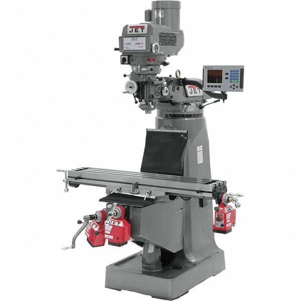 Jet - 9" Table Width x 49" Table Length, Variable Speed Pulley Control, 3 Phase Knee Milling Machine - R8 Spindle Taper, 3 hp - Exact Tool & Supply