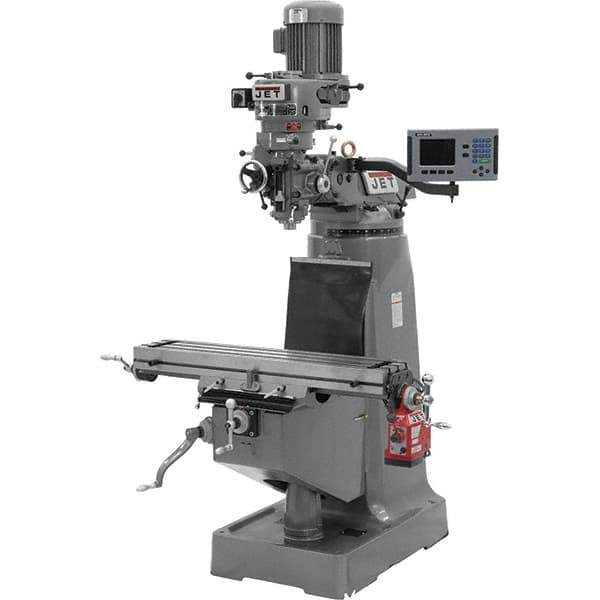 Jet - 9" Table Width x 42" Table Length, Step Pulley Control, 1 Phase Knee Milling Machine - R8 Spindle Taper - Exact Tool & Supply