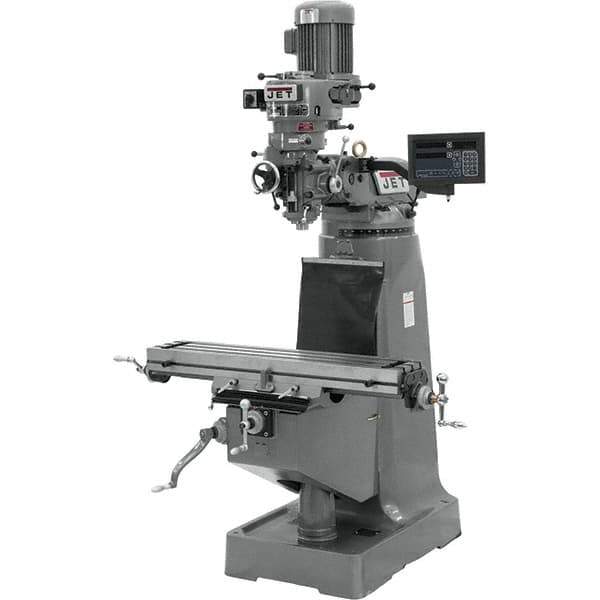 Jet - 9" Table Width x 42" Table Length, Step Pulley Control, 1 Phase Knee Milling Machine - R8 Spindle Taper, 2 hp - Exact Tool & Supply
