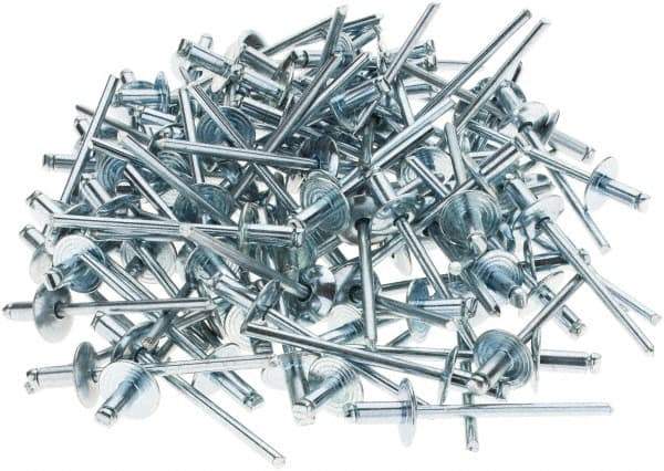 Value Collection - Size 42 Large Flange Dome Head Steel Open End Blind Rivet - Steel Mandrel, 0.032" to 1/8" Grip, 3/8" Head Diam, 0.129" to 0.133" Hole Diam, 0.275" Length Under Head, 1/8" Body Diam - Exact Tool & Supply