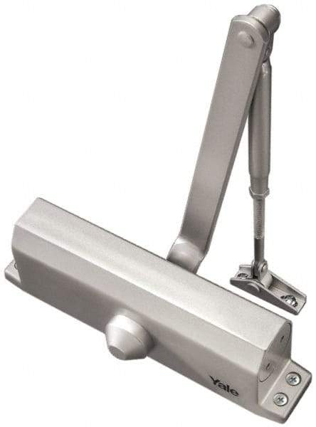 Yale - 42" Door Width, 9-3/4" Closer Body Length, Non-Handed Door Closer Manual Damper - Aluminum Finish, Non-Handed - Exact Tool & Supply