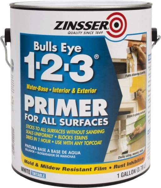 Zinsser - 1 Gal Flat White Water-Based Acrylic Enamel Primer - 350 to 450 Sq Ft Coverage, 84 gL Content, Quick Drying - Exact Tool & Supply
