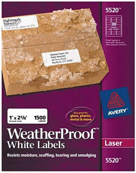 AVERY - 1" Wide x 2-5/8" Long, White Polyester Shipping Label - For Laser Printers - Exact Tool & Supply