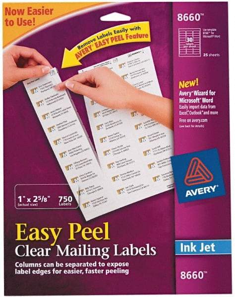 AVERY - 1" Wide x 2-5/8" Long, Clear Shipping Label - For Inkjet Printers - Exact Tool & Supply