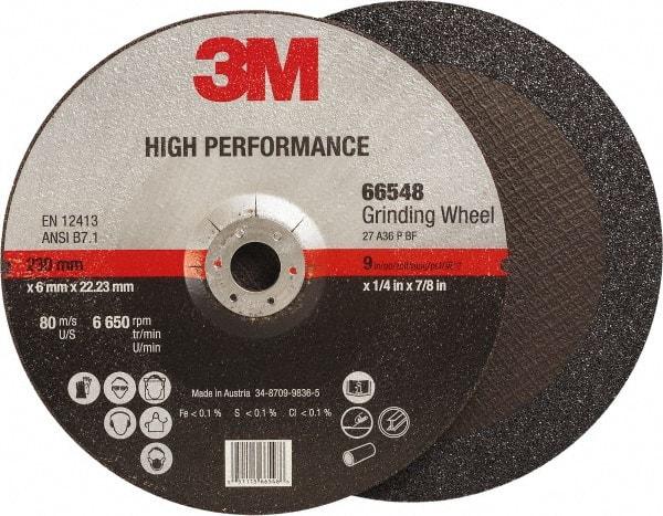 3M - 36 Grit, 9" Wheel Diam, 1/4" Wheel Thickness, 7/8" Arbor Hole, Type 27 Depressed Center Wheel - Ceramic, Resinoid Bond, 6,650 Max RPM, Compatible with Angle Grinder - Exact Tool & Supply
