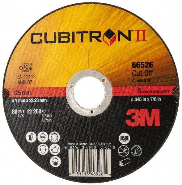 3M - 5" 60 Grit Ceramic Cutoff Wheel - 0.045" Thick, 7/8" Arbor, 12,250 Max RPM, Use with Angle Grinders - Exact Tool & Supply
