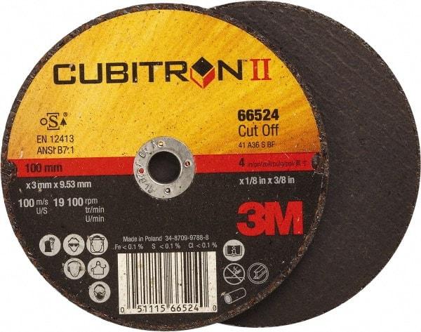 3M - 4" 36 Grit Ceramic Cutoff Wheel - 1/8" Thick, 3/8" Arbor, 19,100 Max RPM, Use with Angle Grinders - Exact Tool & Supply