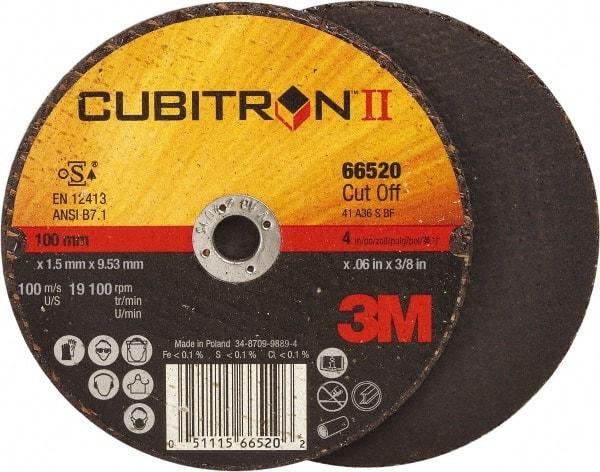 3M - 4" 36 Grit Ceramic Cutoff Wheel - 0.06" Thick, 3/8" Arbor, 19,100 Max RPM, Use with Angle Grinders - Exact Tool & Supply