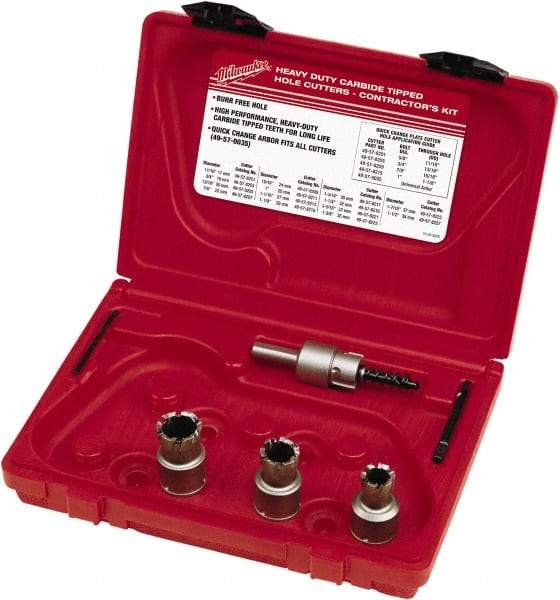 Milwaukee Tool - 5 Piece, 11/16" to 15/16" Saw Diam, Contractor's Hole Saw Kit - Carbide-Tipped, Gulleted Edge, Pilot Drill Model No. 49-57-0035, 49-57-0038, Includes 3 Hole Saws - Exact Tool & Supply