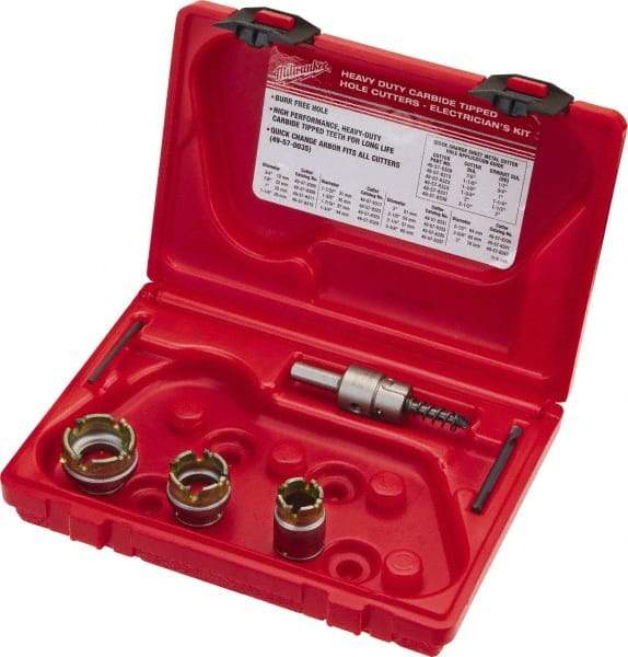 Milwaukee Tool - 5 Piece, 7/8" to 1-3/8" Saw Diam, Electrician's Hole Saw Kit - Carbide-Tipped, Gulleted Edge, Pilot Drill Model No. 49-57-0035, 49-57-0038, Includes 3 Hole Saws - Exact Tool & Supply