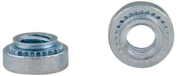 Electro Hardware - #4-40, 0.0299" Min Panel Thickness, Round Head, Clinch Captive Nut - 0.25" Head Diam, 0.166" Mounting Hole Diam, 0.07" Head Height, Zinc Plated Steel - Exact Tool & Supply