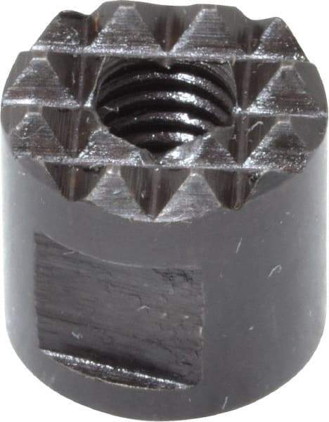 Fairlane - 10-32 Thread, 3/8" Diam, 3/8" High, Threaded, Extra Fine Tooth Grade Diamond Serration Tooth Pattern, High Speed Steel, Round Positioning Gripper - 3/16" Flat Width, Black Oxide Coated - Exact Tool & Supply