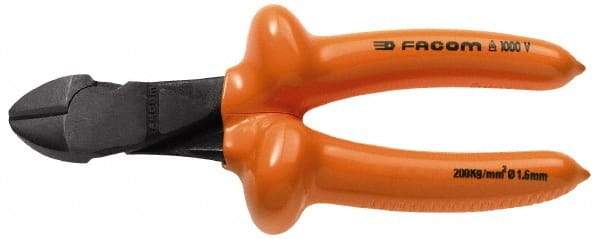 Facom - 7-9/32" OAL, 1.8mm Capacity, 25/32" Jaw Length x 7/16" Jaw Width, Insulated Diagonal Cutter Pliers - Standard Head, Cushion Grip Handles - Exact Tool & Supply