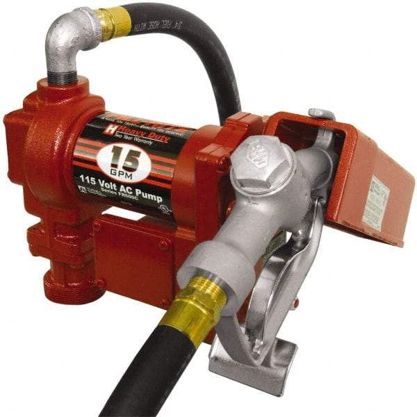 Tuthill - 15 GPM, 3/4" Hose Diam, AC Tank Pump with Manual Nozzle - 1" Inlet, 3/4" Outlet, 115 Volts, 12' Hose Length, 1/4 hp - Exact Tool & Supply