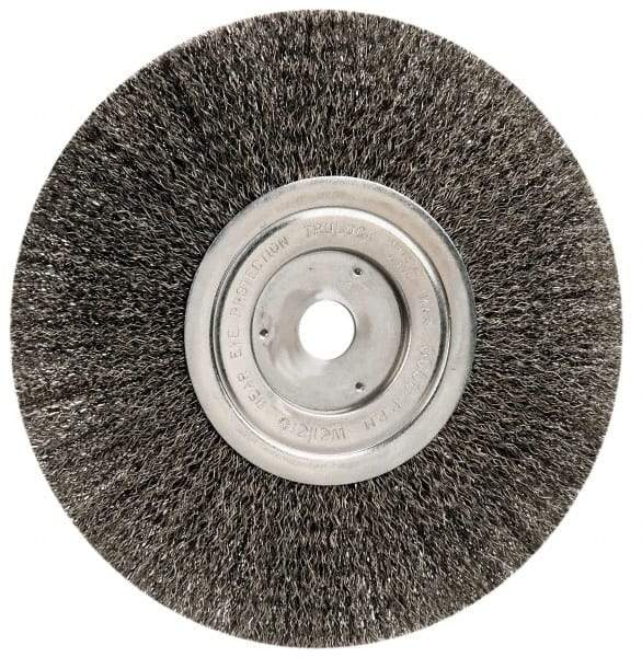Weiler - 8" OD, 3/4" Arbor Hole, Crimped Steel Wheel Brush - 1/2" Face Width, 2-1/16" Trim Length, 0.014" Filament Diam, 6,000 RPM - Exact Tool & Supply