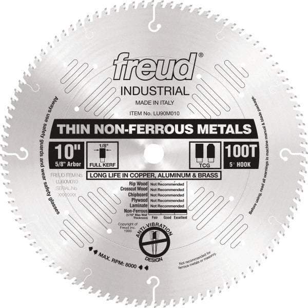 Freud - 10" Diam, 5/8" Arbor Hole Diam, 100 Tooth Wet & Dry Cut Saw Blade - Carbide-Tipped, Standard Round Arbor - Exact Tool & Supply