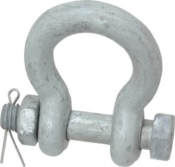 Made in USA - 7/16" Nominal Chain Size, 1.5 Ton Carbon Steel Bolt Anchor Shackle - 7/16" Diam, 1/2" Pin Diam, 1-11/16" High Inside Jaw, 1-1/4" Inside Width, 1-1/4" Max Body Thickness - Exact Tool & Supply