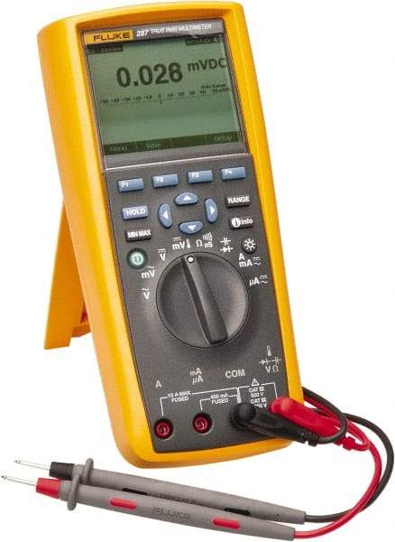 Fluke - 287, CAT IV, CAT III, 1,000 VAC/VDC, Digital True RMS Auto Ranging Manual Ranging Multimeter - 500 mOhm, Measures Voltage, Capacitance, Current, Frequency, Resistance, Temperature - Exact Tool & Supply