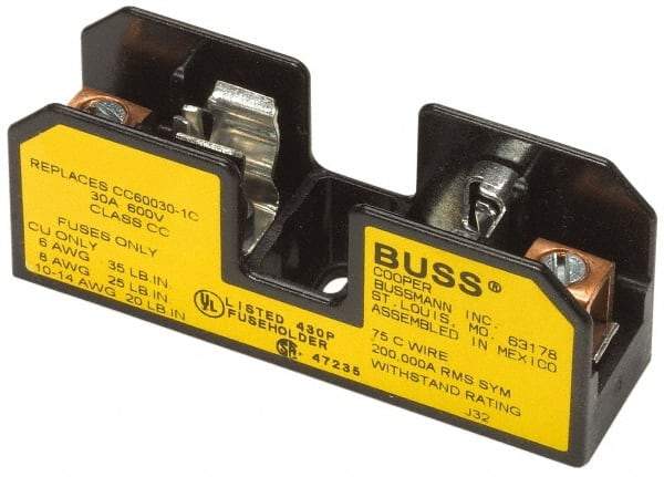 Cooper Bussmann - 1 Pole, 10 to 14 AWG, 480 VAC/VDC, 30 Amp, DIN Rail Mount Fuse Block - 3 Inch Long x 0.86 Inch Wide x 1.22 Inch High Block - Exact Tool & Supply