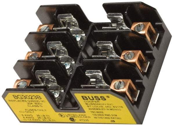 Cooper Bussmann - 3 Pole, 14 to 6 AWG, 480 VAC/VDC, 30 Amp, DIN Rail Mount Fuse Block - 3 Inch Long x 2.38 Inch Wide x 1.22 Inch High Block - Exact Tool & Supply