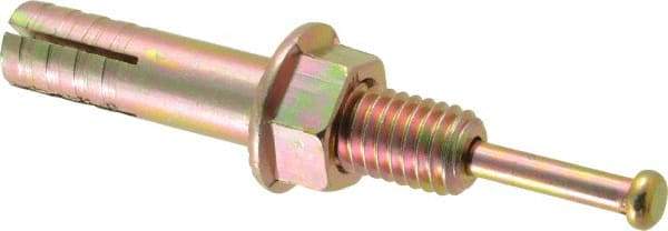 Wej-It - 1/2" Diam, 1/2" Drill, 2-3/4" OAL, 1-3/4" Min Embedment Hammer Drive Concrete Anchor - Grade 5 Iron (Pin)/Steel (Body), Zinc Yellow Dichromate Finish, Hex Nut Head, Hex Drive - Exact Tool & Supply