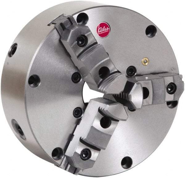 Atlas Workholding - 3 Jaws, 6" Diam, Self Centering Manual Lathe Chuck - Plain Back Mount Spindle, Adjustable, Reversible, 3,000 Max RPM, 1.54" Through Hole Diam, Cast Iron - Exact Tool & Supply