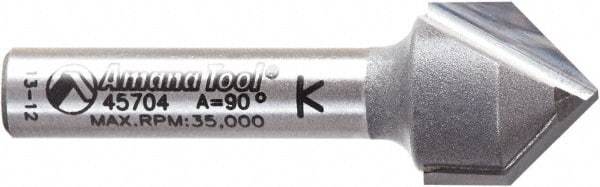 Amana Tool - 1/2" Cut Diam, 1/2" Length of Cut, 2 Flute V-Groove Edge Profile Router Bit - Carbide-Tipped, 1/4" Shank Diam, 1-5/8" OAL, Uncoated - Exact Tool & Supply