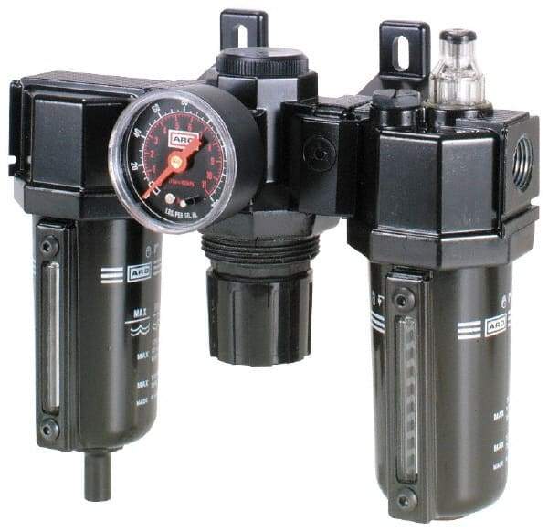 ARO/Ingersoll-Rand - 1/2" NPT Port Standard 3 Piece Filter-Regulator-Lubricator FRL Unit - Metal Bowl, 150 SCFM, 250 Max psi, 7.9" High x 8.693" Long, Manual Drain - Exact Tool & Supply