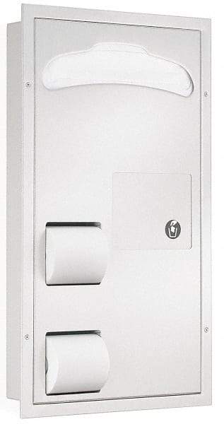 Bradley - Washroom Partition Stainless Steel Waste Receptacle/Toilet Seat Cover Dispenser - 17-1/8 Inch Long x 4-1/2 Inch Deep x 30-5/8 Inch High, Gray - Exact Tool & Supply