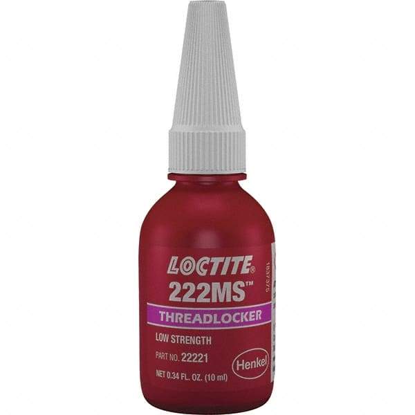 Loctite - 10 mL Bottle, Purple, Low Strength Liquid Threadlocker - Series 222, 24 hr Full Cure Time, Hand Tool Removal - Exact Tool & Supply