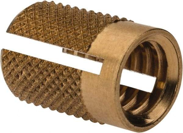 E-Z LOK - 5/16-18 UNC Brass Flush Press Fit Threaded Insert for Plastic - 9/16" OAL, 0.389" Insert Diam, 3/8" Hole Diam, 3/8" Drill - Exact Tool & Supply
