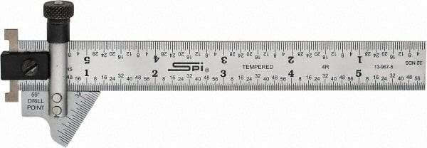 SPI - 6 Inch Long x 3/4 Wide Blade, 118° Bevel Angle, Steel Ruler Drill Point Gage - 1/8 Inch Ruler Graduation, Removable Ruler Hook - Exact Tool & Supply